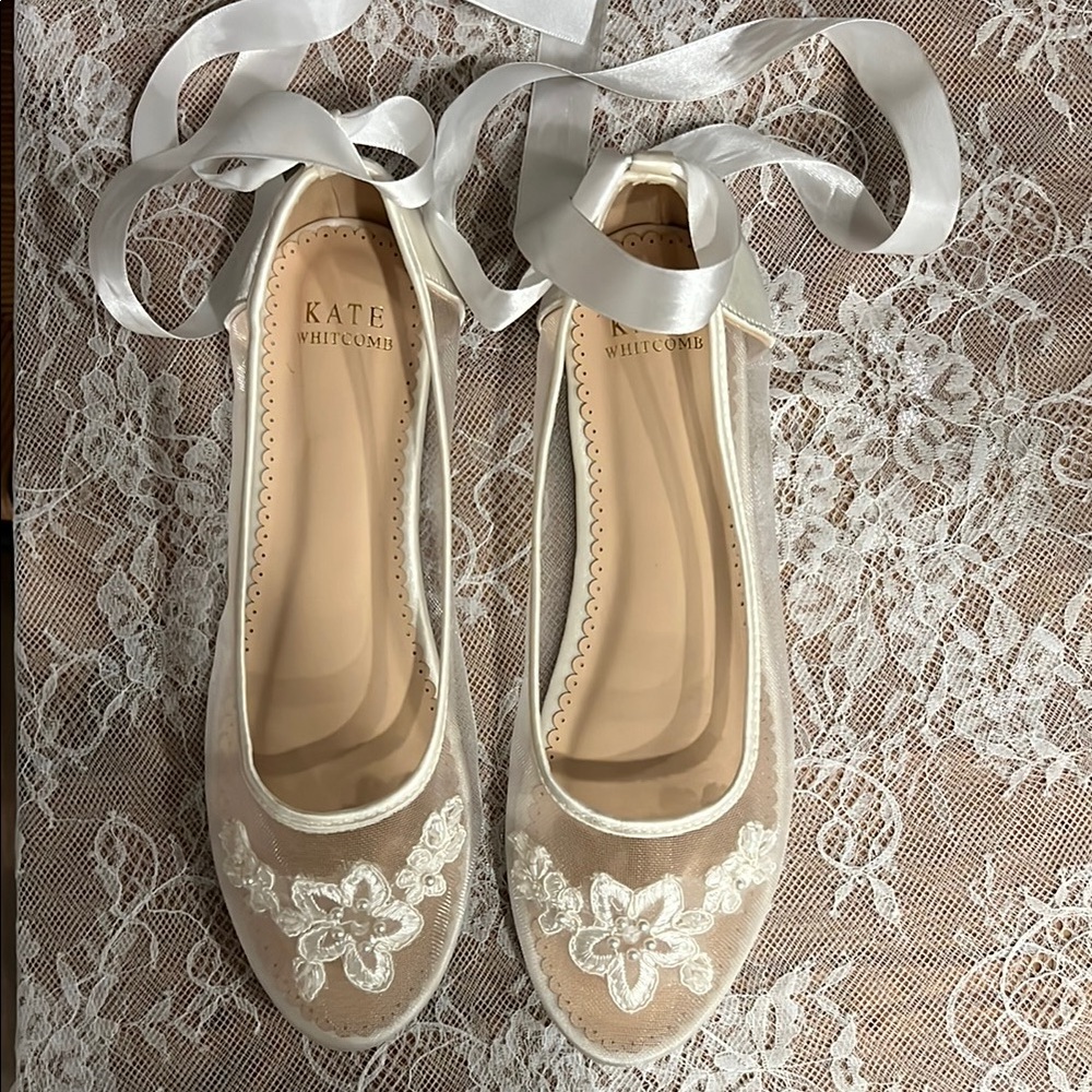 Kate Whitcomb Avery - Ivory Floral Lace Flats with Ribbon Ties